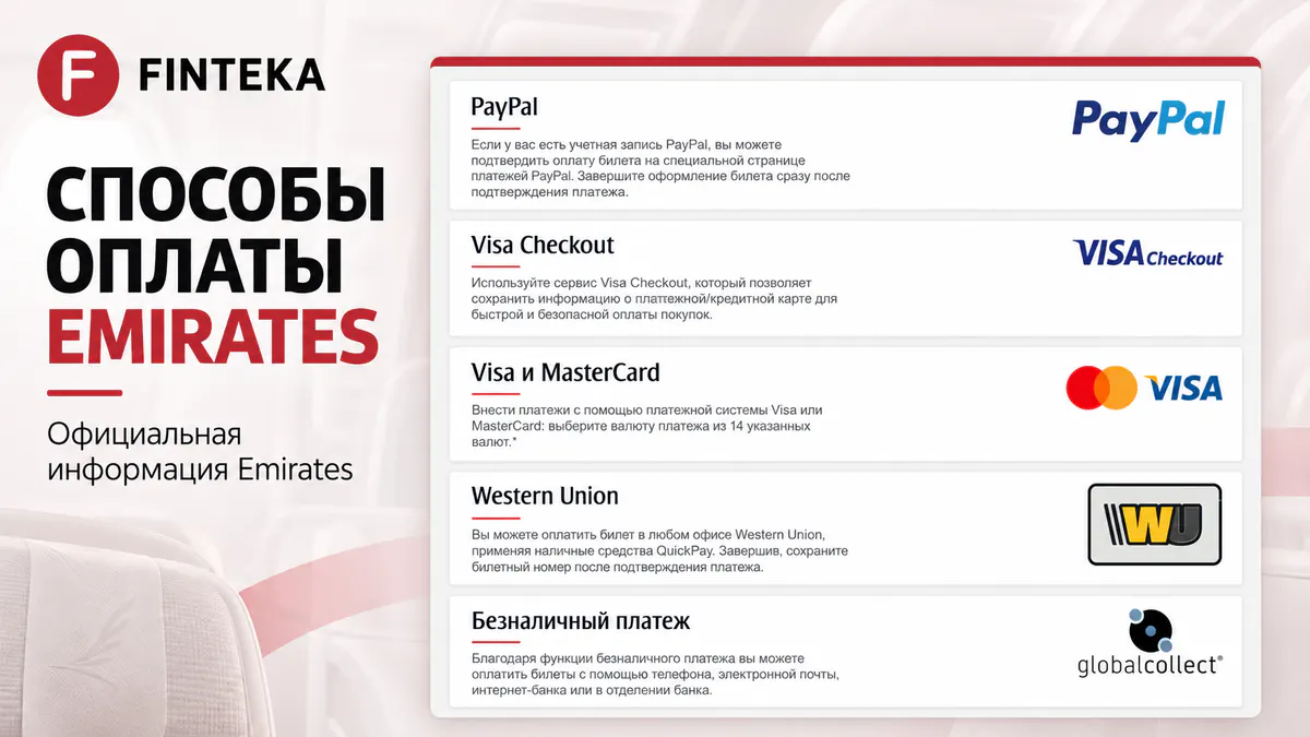 Способы оплаты Emirates: PayPal, Visa, Mastercard и другие официальные методы