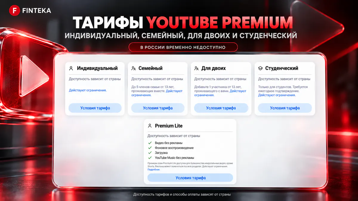 Тарифы YouTube Premium: индивидуальный, семейный, для двоих, студенческий и Premium Lite