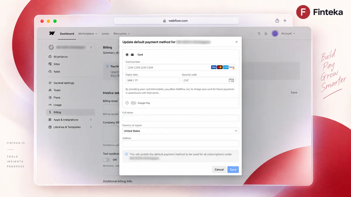 Обновление способа оплаты в Webflow Billing
